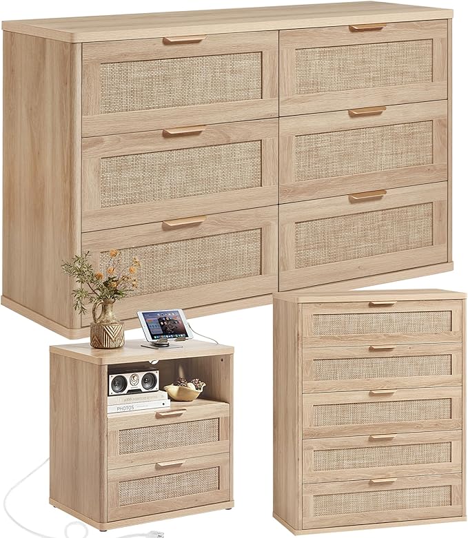 LEYAOYAO Rattan Dresser and Nightstand Set of 3, Boho Wood Dresser by LEYAOYAO-Findtheshiningpointofyourideallife%EF%BC%81