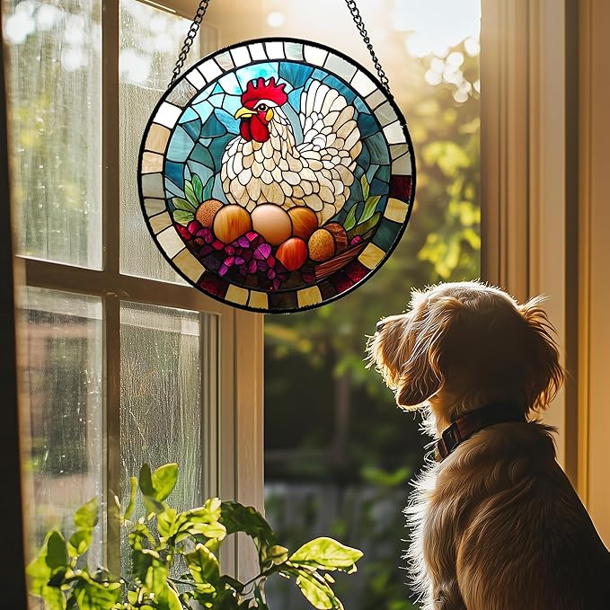 DASTOLL Stained Glass Window Hanging White Chicken Hatching Eggs Large 11.8" - Image 2