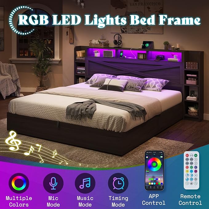 AMERLIFE Full Size Lift Up Storage Bed Frame, 45.1" LED Bed Frame - Image 5