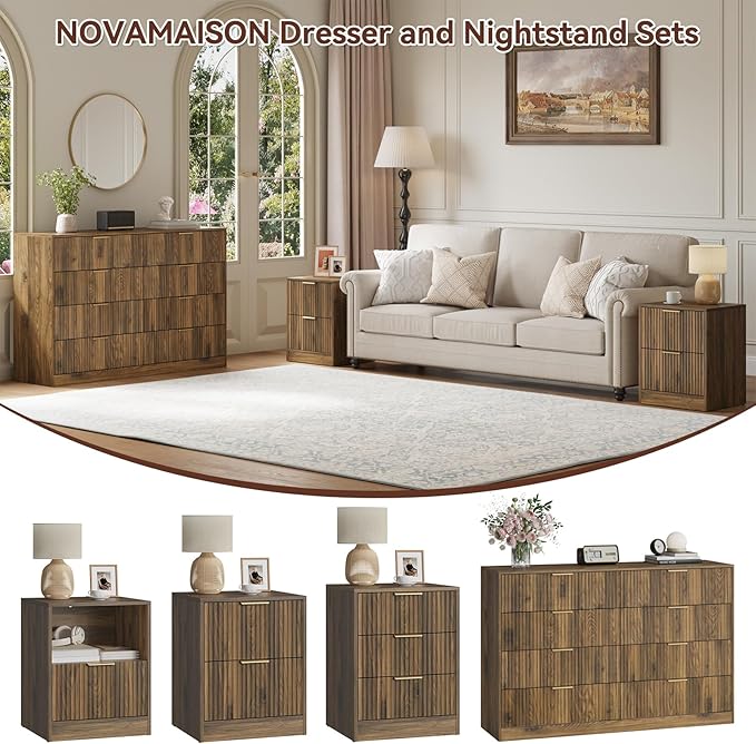 8 Drawer Dresser & Nightstand Set 3-Piece, 55” Wide Fluted Walnut Dresser and - Image 3