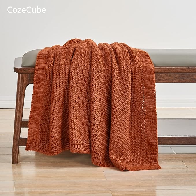 CozeCube Orange Throw Blanket for Couch, Soft Cozy Cable Knit Throw for Bed - Image 3