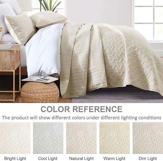 Yiran Beige Quilt Set Queen Size Lightweight Bedspread Ultrasonic Wave Pattern - Image 4