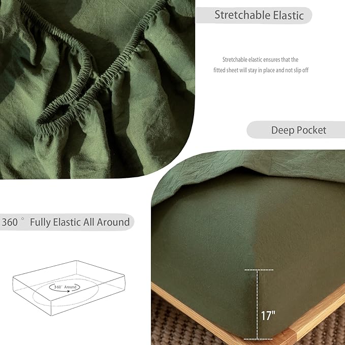 MooMee Fitted Bottom Sheet Only 100% Washed Cotton Linen Like Textured - Image 6