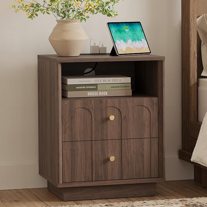 Nightstand with Charging Station, Mid Century Modern Nightstand with Arched by FORTUNETEC