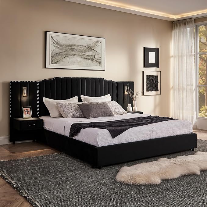 King Size Bed Frame with Storage, Luxury King Platform Bed Frame with Headboard by Firscook