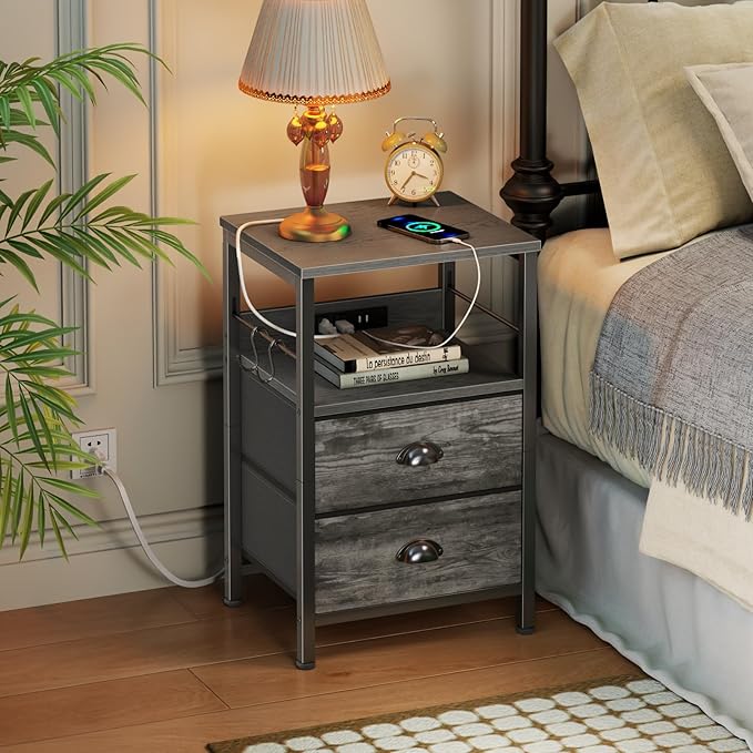 Furologee Nightstand with Charging Station, Night Stand with 2 Fabric Drawers - Image 2