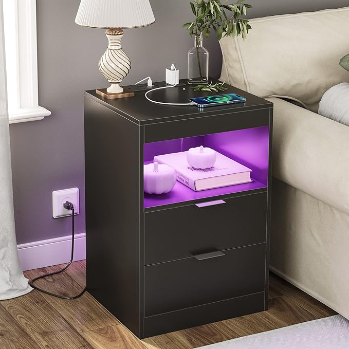 Tiptiper Black Nightstand with Wireless Charging Station and LED Lights - Image 8