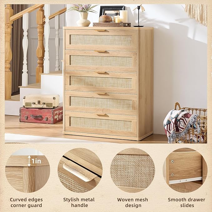 LEYAOYAO Rattan Dresser for Bedroom Set 2, Modern 5 Drawers Boho Dressers - Image 8
