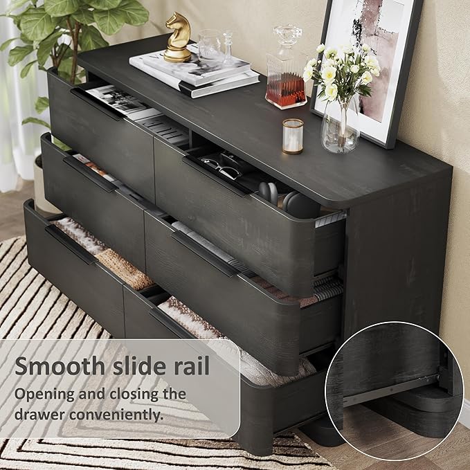 6 Drawer Dresser for Bedroom, Curved Profile Design, Wooden Black Dresser - Image 3