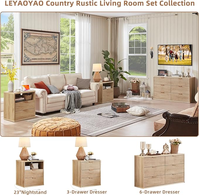 LEYAOYAO 48" Wide Fluted Dresser and 3 Drawers 23" Nightstand Set of 2 - Image 4