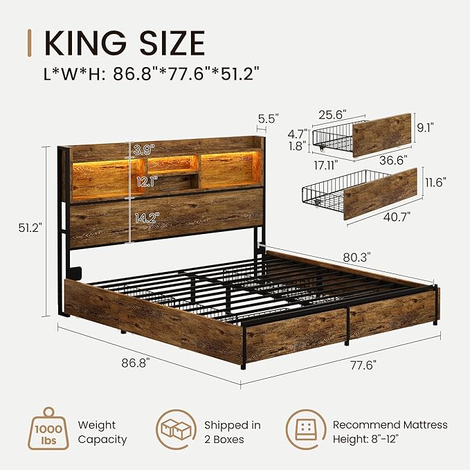 King Storage Bed Frame with 6 Drawers, USB Charging Station, No Noise, No Box - Image 2