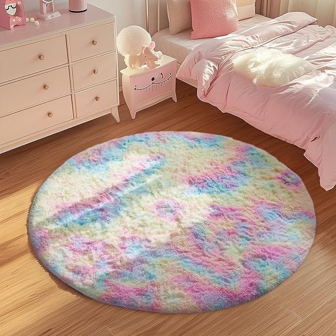 Ophanie Round Rugs 4Ft Rainbow Circle Area Rug, Colorful Unicorn Bedroom Dorm - Image 3