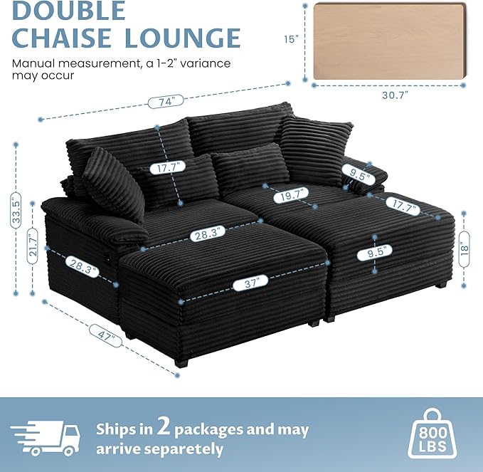 74" Double Chaise Lounge Chair Indoor, Oversized Loveseat - Image 2