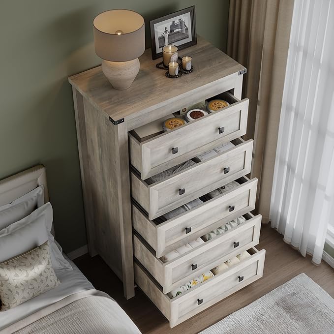 BORNOON Tall 5-Drawer Dresser, Modern Wooden Storage Chest of Drawers, Dresser - Image 4