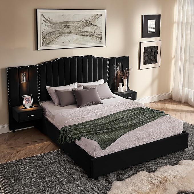 Luxury Queen Bed Frame with Headboard and Storage, Velvet Fabric Upholstered by Firscook