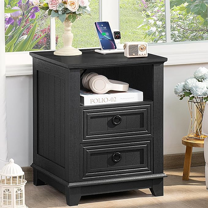 18" Farmhouse Night Stand with Charging Station, 2 Drawers End Table Dresser by Joaxswe