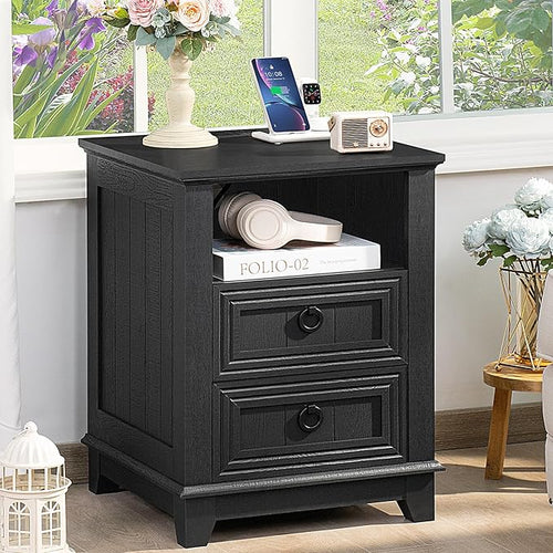 18" Farmhouse Night Stand with Charging Station, 2 Drawers End Table Dresser by Joaxswe