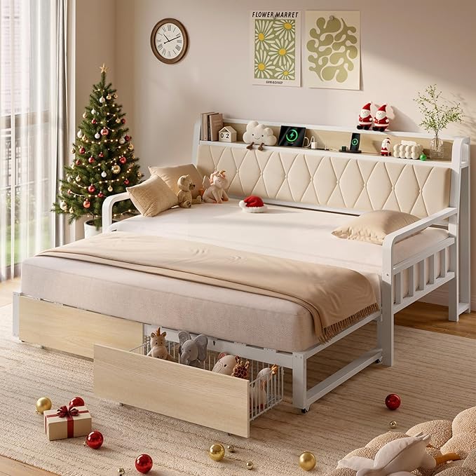 ONBRILL Twin Daybed with Trundle, Twin to King Daybed with Pop up Trundle by ONBRILL