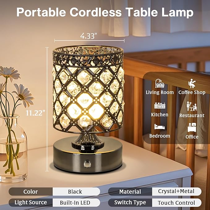 TOBUSA Black Rechargeable Cordless Table Lamp, Portable 6000mAh Crystal Battery - Image 4