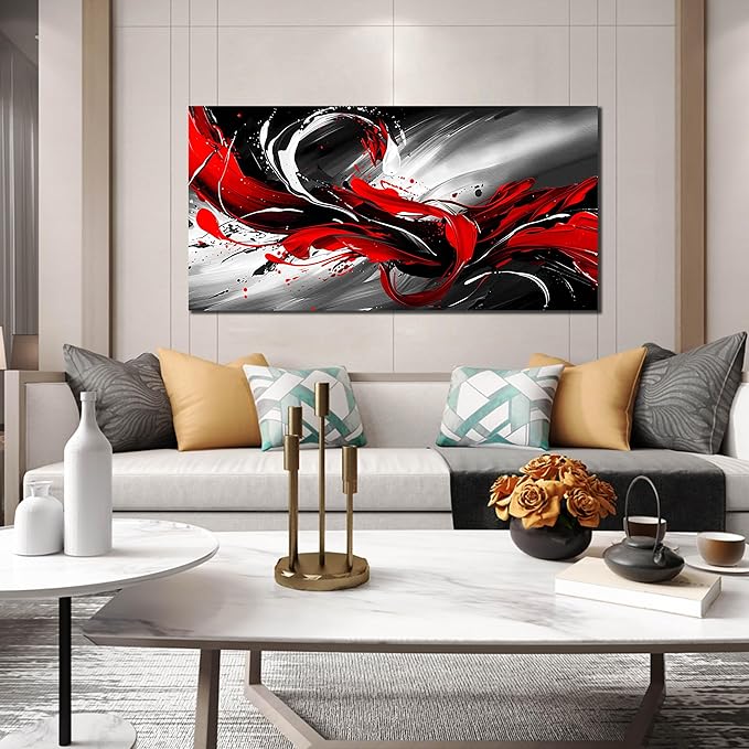 Black White and Red Abstract Print Picture Painting Large Canvas Wall Art - Image 2