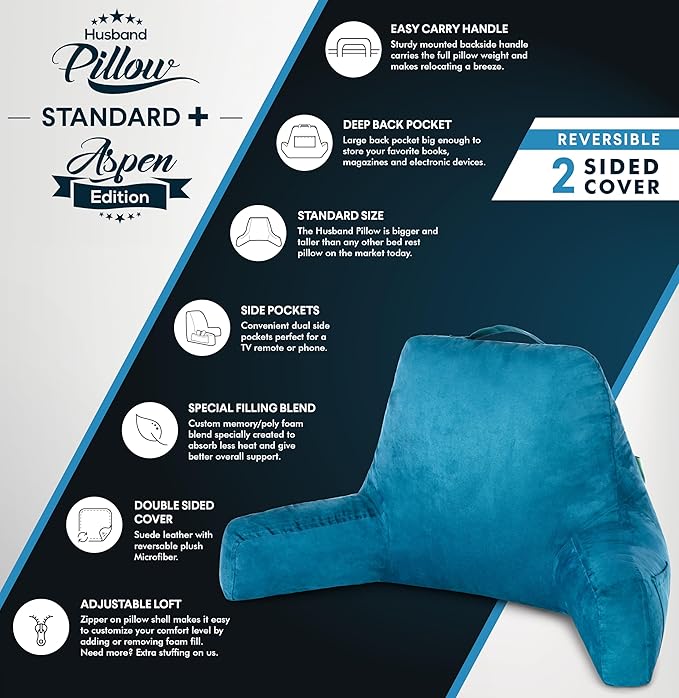 Husband Pillow Aspen Rodeo Blue, Reading Pillow Bed Rest Chair, Two-Sided - Image 4