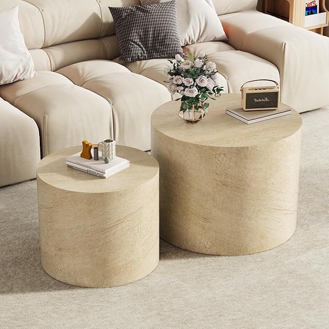 Nesting Coffee Table Set of 2, Round Beige Nesting Table Modern Circle Coffee - Image 7