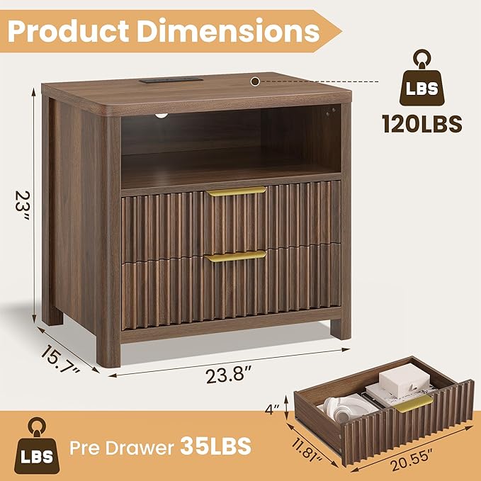 CypBed Night Stand with Charging Station, Bedside Tables with 2 Drawers & - Image 2