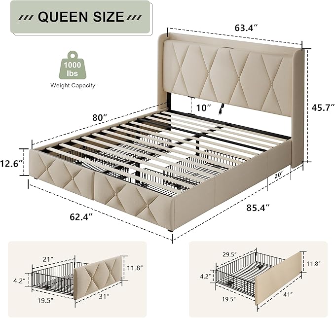 Feonase Queen Bed Frame with 4 Storage Drawers, Upholstered Button Tufted 4" - Image 2