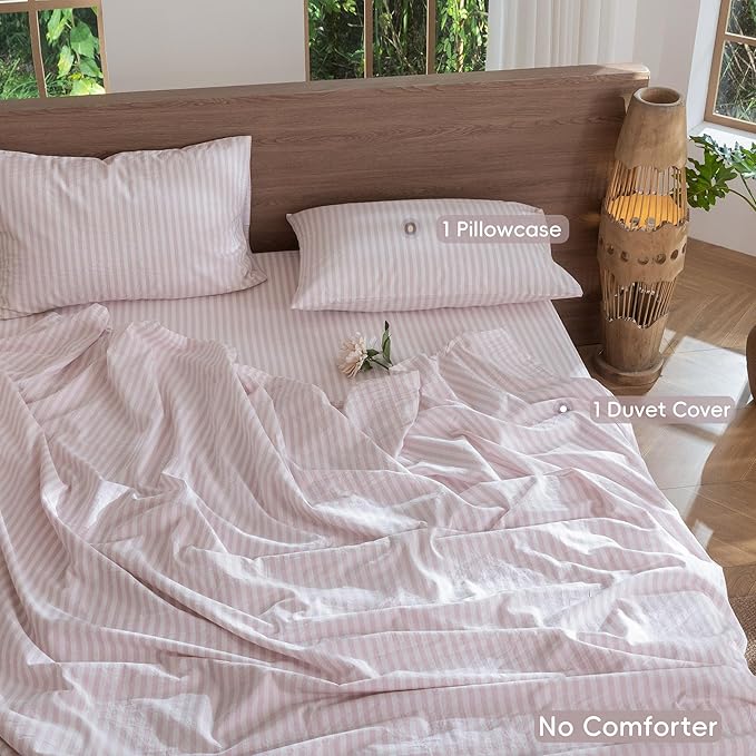 MooMee Striped Duvet Cover Set 100% Washed Cotton Linen Like Textured - Image 2