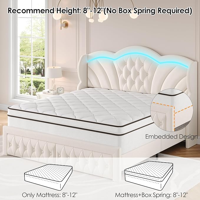 Keyluv King Bed Frame with LED Lights and 2 Storage Drawers, Velvet Upholstered - Image 7