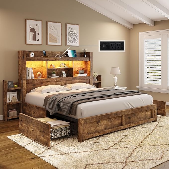 AMERLIFE Full Bed Frame with 4 Storage Drawer, LED Bed Frame with 49.6" Tall by AMERLIFE