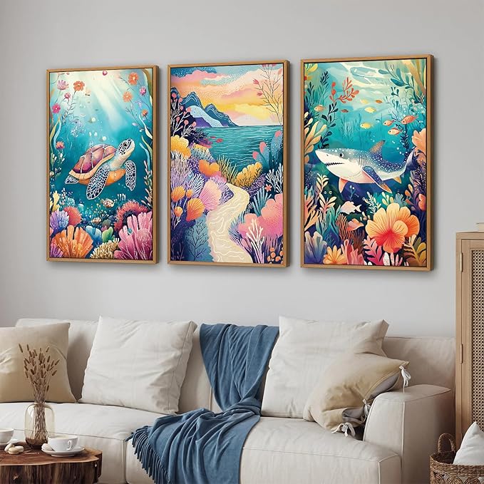 YeeHomedec Large Watercolor Ocean Themed Framed Canvas Wall Art, Sea Turtle - Image 6