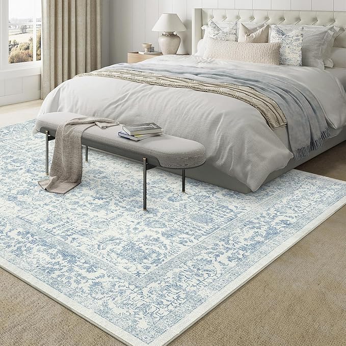 Blue Area Rug 10x12 Machine Washable Large Vintage Living Room Distressed Non - Image 6
