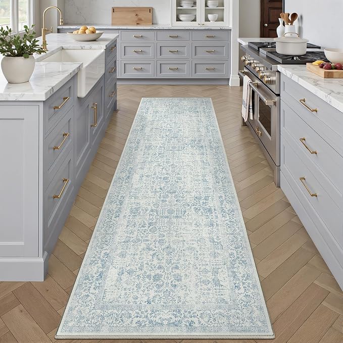 Blue Runner Rug 3x12 Hallway Machine Washable Kitchen Vintage Distressed Non - Image 6