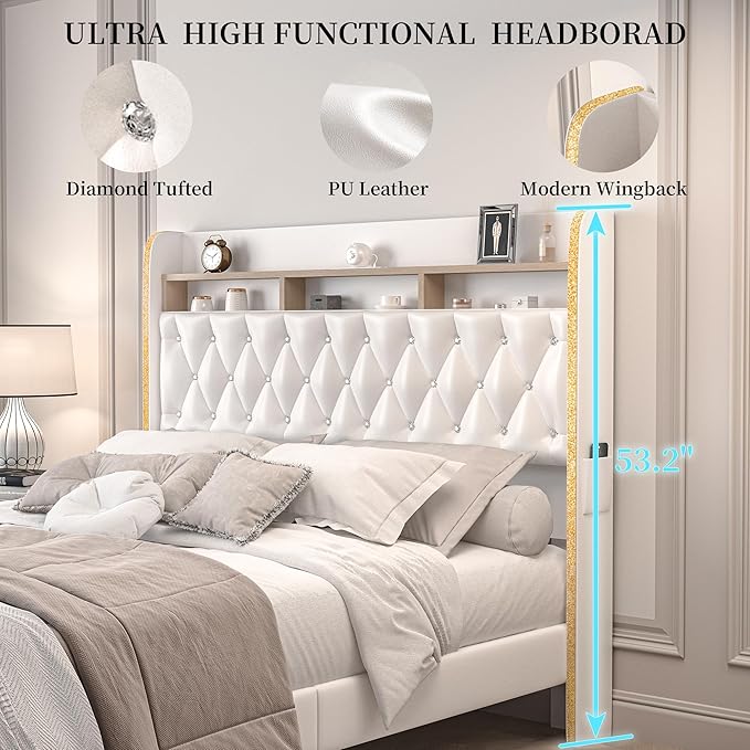 King LED Bed Frame with 2 Storage Drawers, PU Upholstered Platform Beds with - Image 4