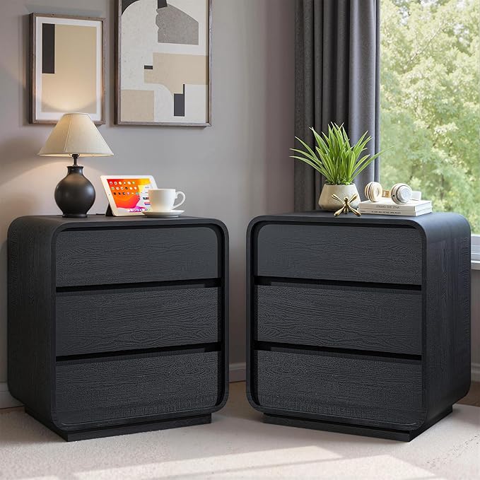 Black Night Stand with Charging Station, Modern End Table Dresser with 3 - Image 9
