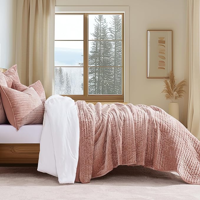 EVERGRACE Velvet Quilt Set Queen Size, Luxurious Soft Striped Channel Bedding - Image 2