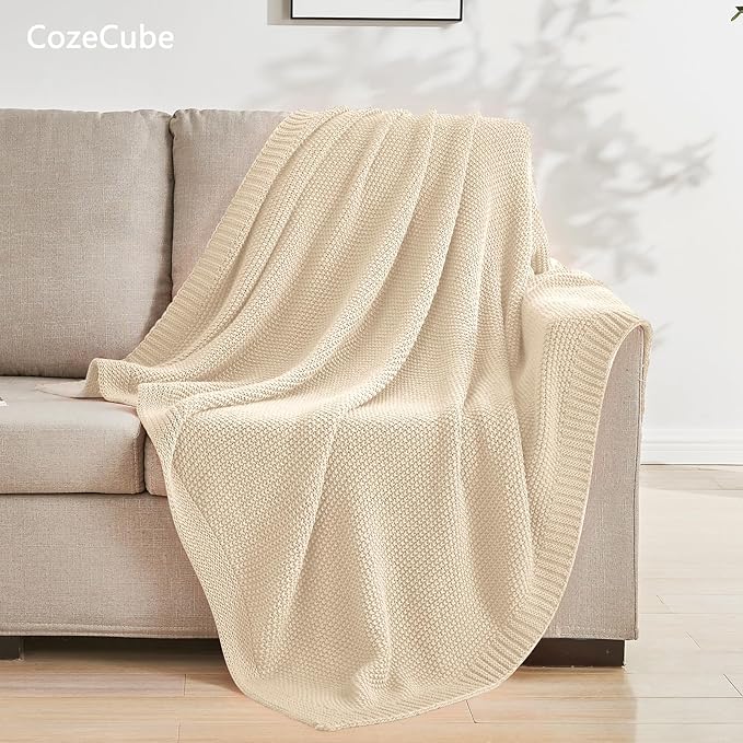 CozeCube Beige Throw Blanket for Couch, Soft Cozy Cable Knit Throw for Bed Sofa - Image 3