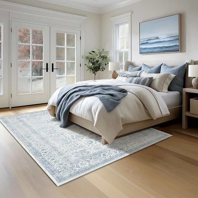 FMFUNCTEX 5x7 Washable Area Rug Blue Neutral Vintage Non Slip Low Pile - Image 2