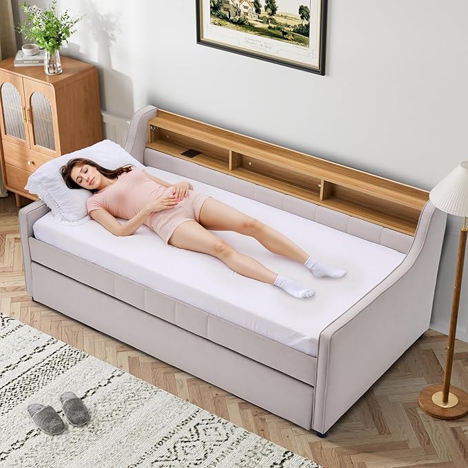 Twin Size Daybed with Pop Up Trundle Bed, Linen Fabric Upholstered Day Bed - Image 9
