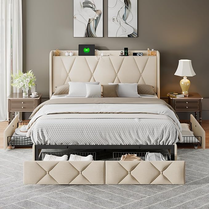 Feonase Queen Bed Frame with 4 Storage Drawers, Upholstered Button Tufted 4" - Image 8
