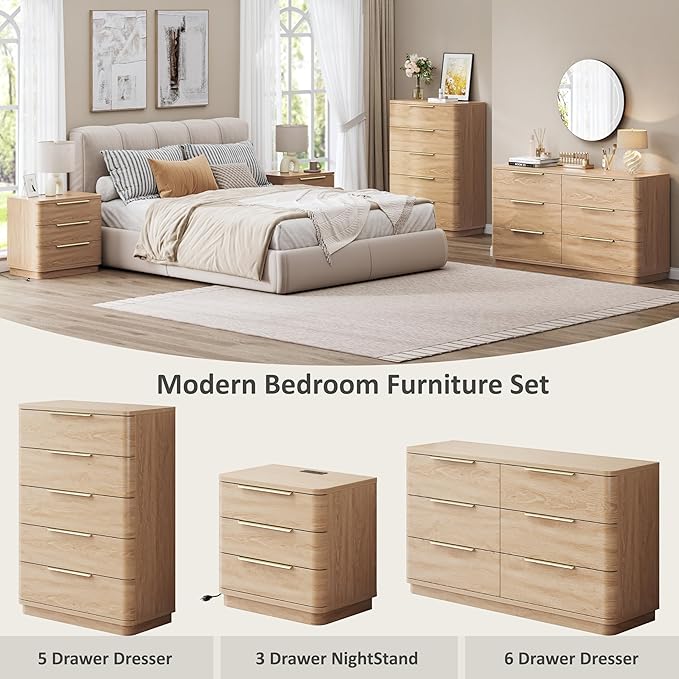 6 Drawer Dresser for Bedroom, Curved Profile Design, Wooden Oak Dresser Closet - Image 5