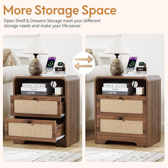 Set of 2 Night Stand with Charging Station, 19.7" Wooden Side Table Curved - Image 6
