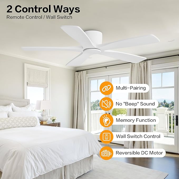 WINGBO 48" Flush Mount DC Ceiling Fans Without Lights, 5 Carved Solid Wood - Image 2