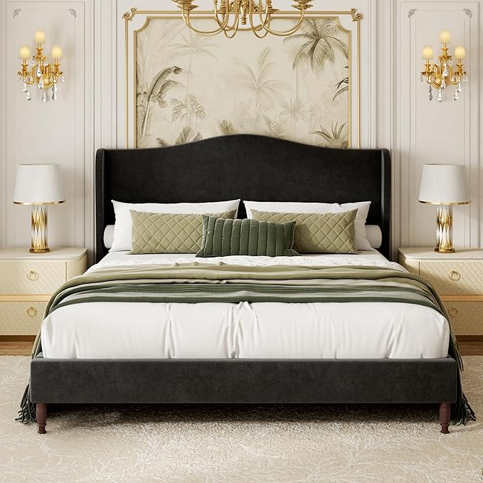Full Size Upholstered Platform Bed Frame, Vintage Solid Wood Legs, No Box by wirpexhowak