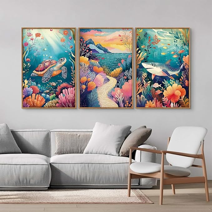 YeeHomedec Large Watercolor Ocean Themed Framed Canvas Wall Art, Sea Turtle - Image 3