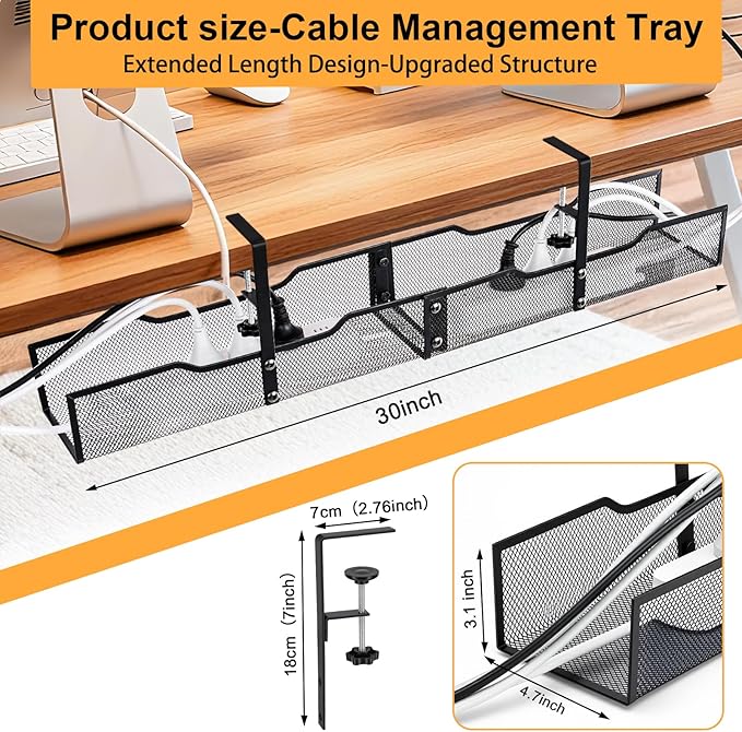 No Drill Under Desk Cable Management Tray, Extended-Length Metal Mesh Wire - Image 2