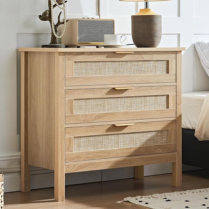 LEYAOYAO 31.5" Wide Rattan Nightstand, Large Boho 3 Drawer Night Stand by LEYAOYAO-Findtheshiningpointofyourideallife%EF%BC%81