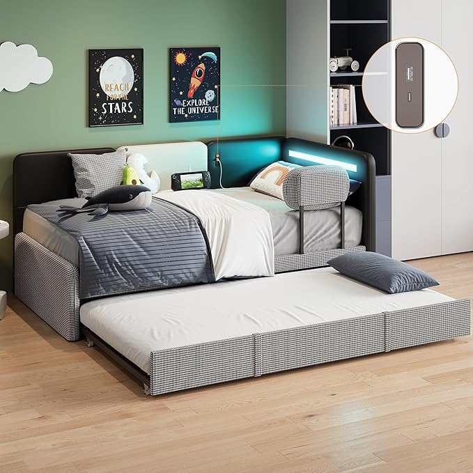 LIKIMIO Twin Daybed with Trundle, Day Bed Frame with 2 USB Ports& LED, by LIKIMIO