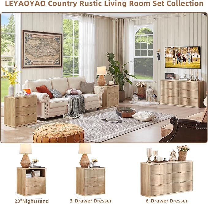 LEYAOYAO 48" Wide Fluted Dresser and 3 Drawers 23" Nightstand Set of 2 - Image 4